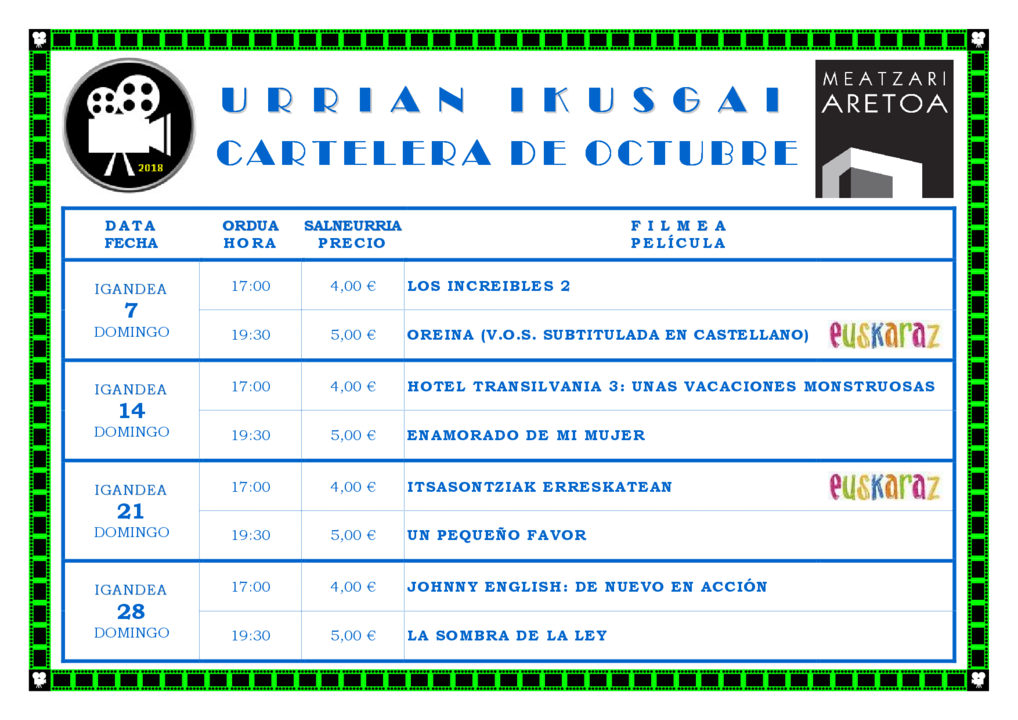 Cartelera para el nuevo mes