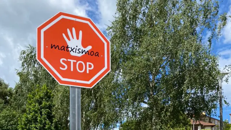 Las se&ntilde;ales tiene mensajes como 'Matxismoa Stop' o 'Stop Control'